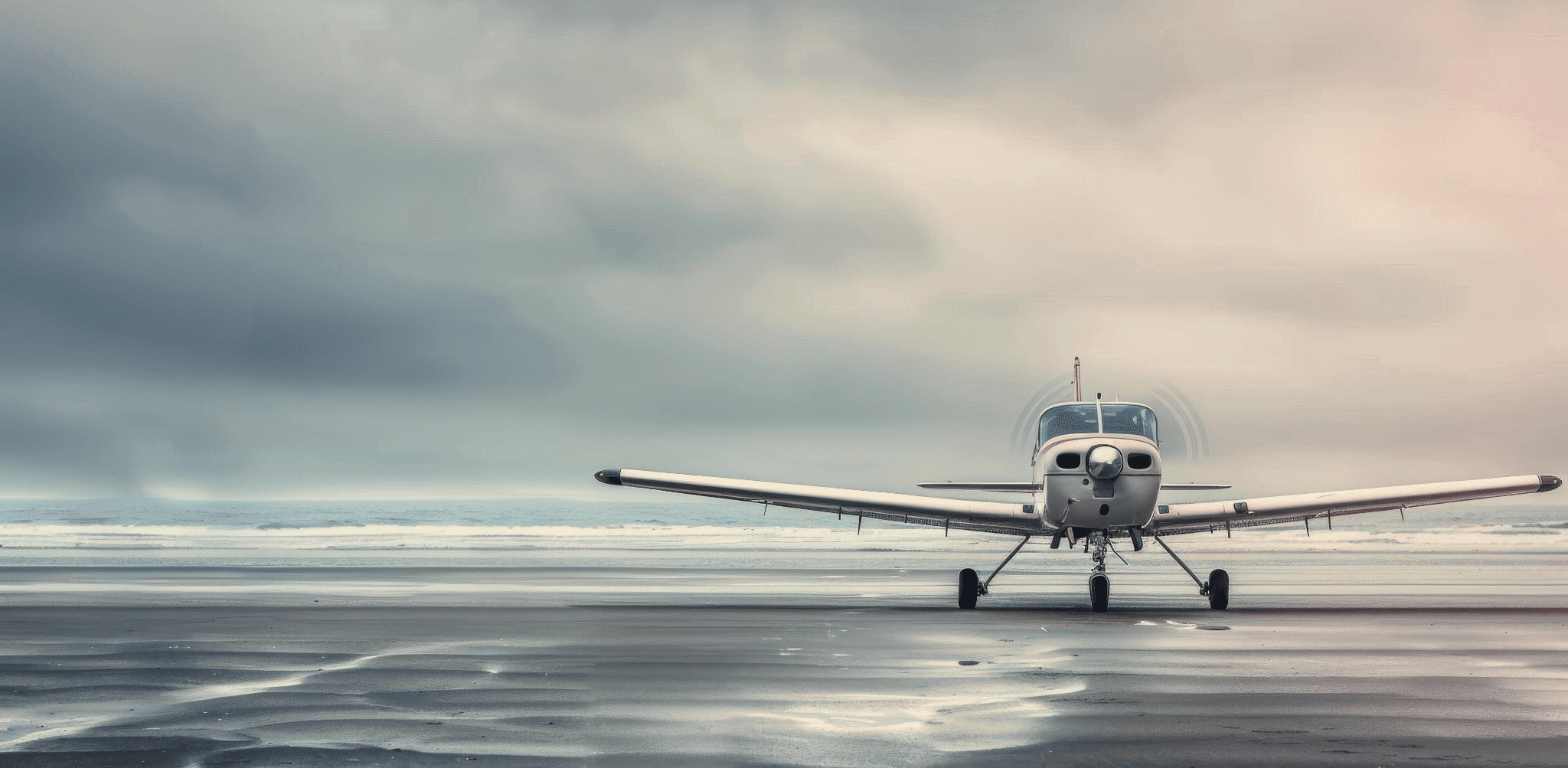 Single-engine aircraft on a misty beach runway